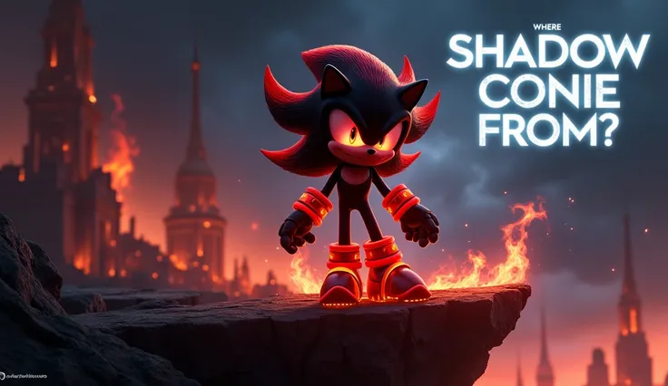 A dramatic and dark-toned poster for an animated film titled Shadow Sonic. The focus is on Shadow Sonic, a dark and mysterious version of Sonic the Hedgehog, standing in a powerful pose on a jagged cliff, surrounded by swirling shadows and illuminated by i...