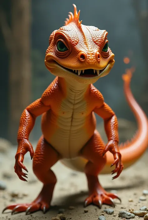 live-action、Lizard、 walking on two legs、 tail with flame on the tip、flesh-colored belly、 orange skin 、Round Head、two sharp fangs 、 green eyes、ヒLizard