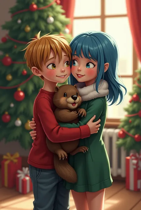 A boy with a beaver in his arms, a Christmas tree in the back, a girl with blue hair, a MILF collar around her neck, and a group of people in the back, next to them, a Christmas tree