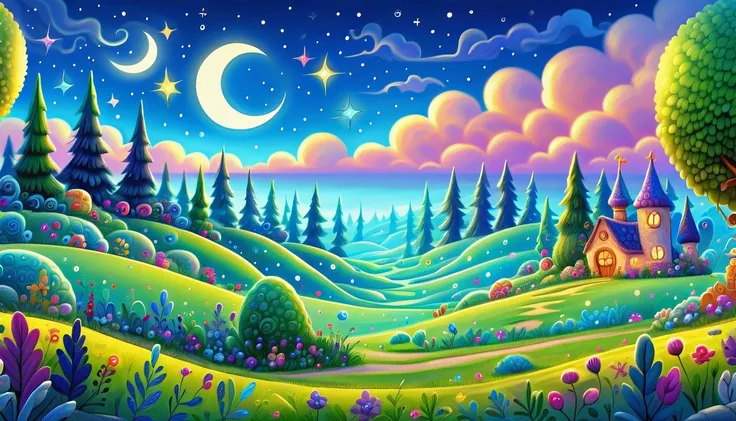 A breathtaking starry night landscape, full moon, rolling hills, dramatic lighting, whimsical childrens book illustration style, best quality,4k,8k,highres,masterpiece:1.2),ultra-detailed,(realistic,photorealistic,photo-realistic:1.37),vibrant colors,mysti...