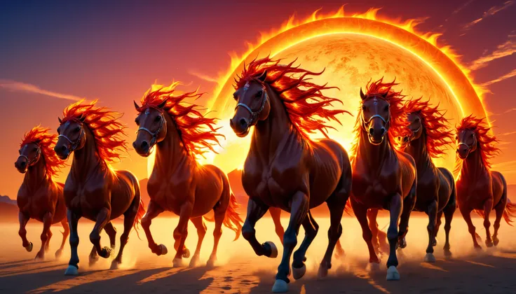 Seven flaming horses are running to you, the huge flaming sun in the background,The glittering earth ,Good lighting,Eight Horses, full light shooting