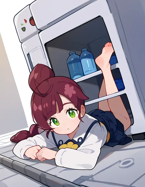 score_9, score_8_up, score_7_up, source_anime,Chloe cerise (Pokemon),bow, green eyes, ponytail, marron hair, anime screencap, skirt, school uniform,, industrial, machinery,refrigerator, large, factory, , the pose, on stomach, feet up, lying, soles, feet, l...