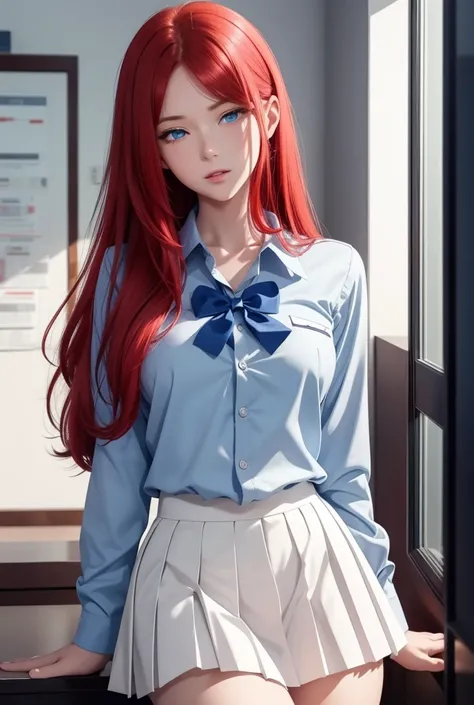    a beautiful girl,   red hair ,   Blue eyes  ,     bright eyes  , camisa blanca, pleated skirt, blue bowtie , school uniform, sexy legs , closed lips    ,    long hair,    High resolution, breasts ,   wavy hair ,  Looking at the camera  