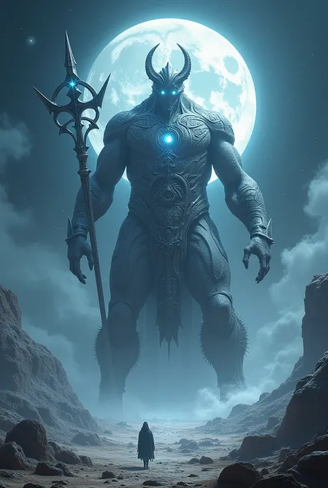 "A towering moon god monster standing amidst a glowing lunar landscape. Its colossal form shimmers with silver light, with a body etched with ancient celestial runes. Its eyes radiate a cold, pale glow like twin full moons. Surrounding its figure is a swir...