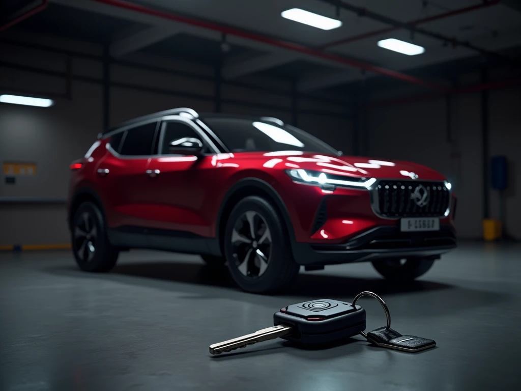 A modern  red wine colored suv parked in a dark background garage, the car key at focus point