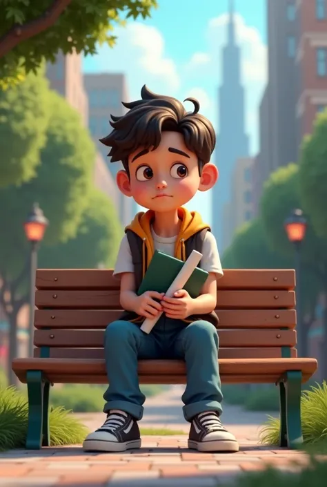 In cinematic 3d cartoon style "A young unemployed graduate sitting on a park bench in an urban setting, clutching a degree with a dejected look, surrounded by a backdrop of bustling city life"