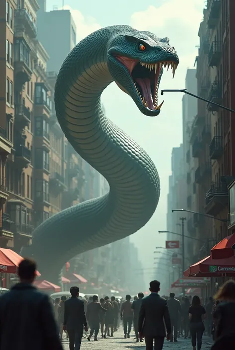 Huge big anaconda in the street around the people in fear of panic