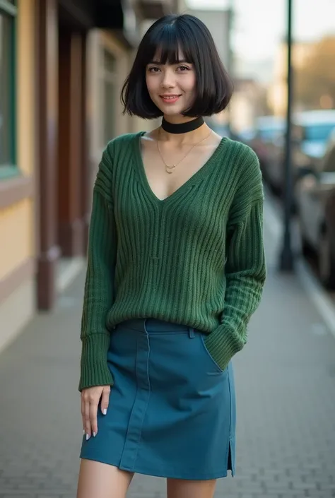 sex: female; age: 25 Years old; green eyes, hair color: black; hair cut; Short Bob With Bangs, height: 165 cm, weight: 45 kg, shoe size: 23 cm; body shape: 90 cm, 60 cm 90 cm;

black pumps shoes, black collant, blue above-the-knee skirt, green low-cut swea...