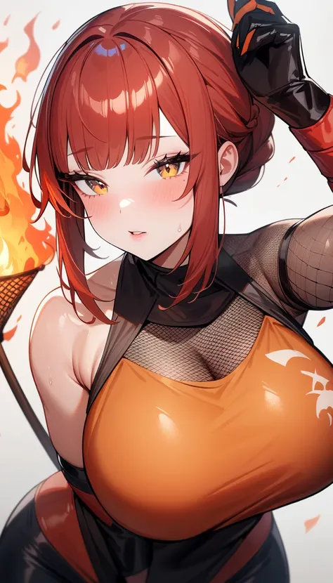 1 Girl, unique , super detailed skin , shiny skin ,Natural face,Redhead,Bangs,sidelocks,A braid, Half Open Eyes ,eyelash,Lip Gloss, Big Breasts , bodysuit,Fishing net arm,fissure opening ,Ninja Costume , cowboy shooting,Fire Magic, simple background ,maste...