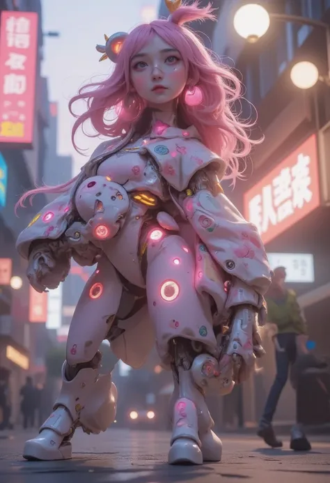 cute female robot, floral pattern on body, heavy weapons, kawaii mood, glowing pink joints and gaps, holding plush teddy bear, newest anime style, hyper detailed, vibrant colors, dynamic pose, highly detailed face and eyes, intricate mechanical design, whi...