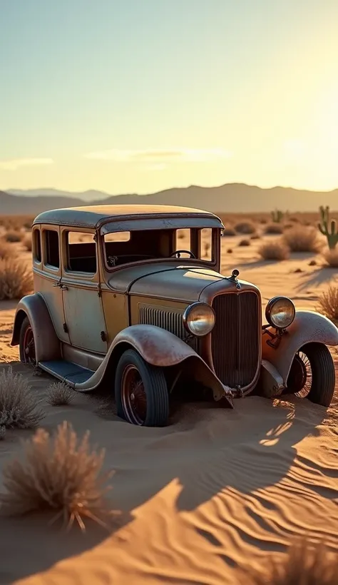 A 1930s Dodge sedan abandoned in the middle of an arid desert, its rusty frame partially buried in the sand. The cracked windows and weather-beaten surface tell tales of adventure and survival. Cacti and sparse shrubs dot the landscape, and the setting sun...