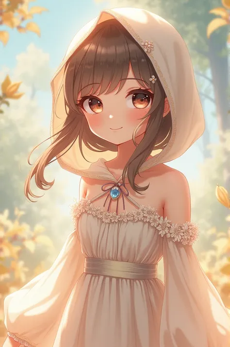 Cute anime girl with head cover and long dress with long sleeves 