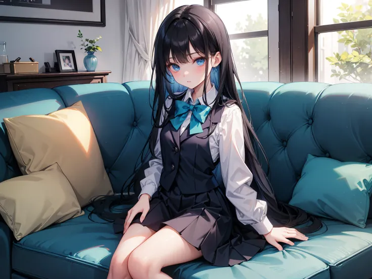  high school students  ， Has long, dark hair ， with warm blue eyes  ，  wears a fresh blue suit ，  pure white collar and bright green bow， Black Boots ， Short black skirt ， has long dark hair and warm blue eyes ， sitting on the sofa ，indoor，living room。