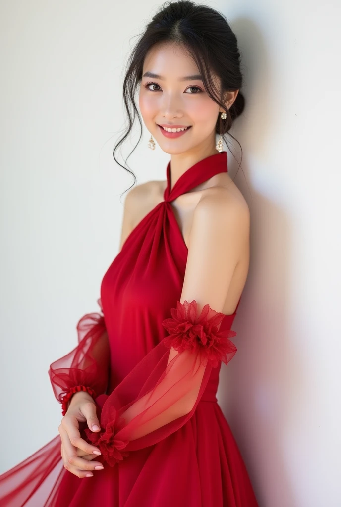 VIETNAM BEAUTIFUL GIRL WEAR DRESS red burgundy colo, 4k, masterpiece,, stunning beautiful idol detailed face, all body , (vietnam model girl), light smile, make up, ((white color backdrop))