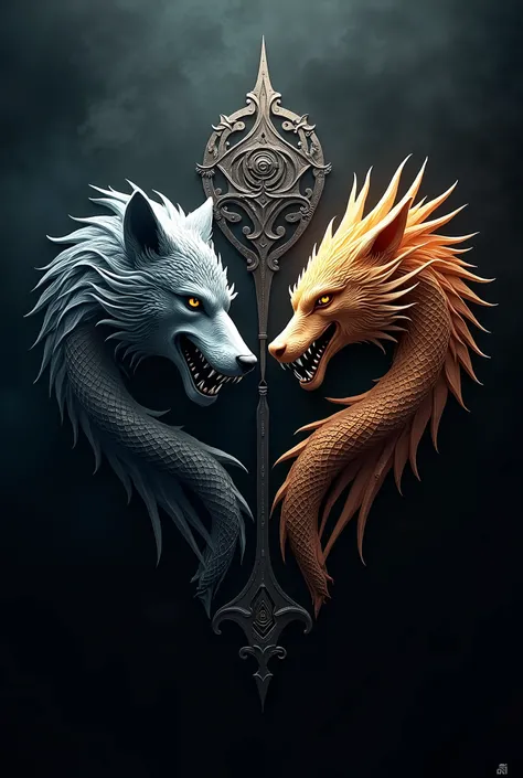 I want the logo on the left side to be a wolfs head, the right side to be a dragons head, and the middle to be a cool shape that covers both sides.