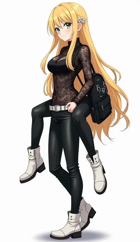 Anime girl with long blonde hair and emerald green eyes, dressed in a black lace floral blouse with one shoulder,  tight black leather pants and white ankle boots with details .  She wears a white belt with studs and a black backpack over her shoulder. Mod...