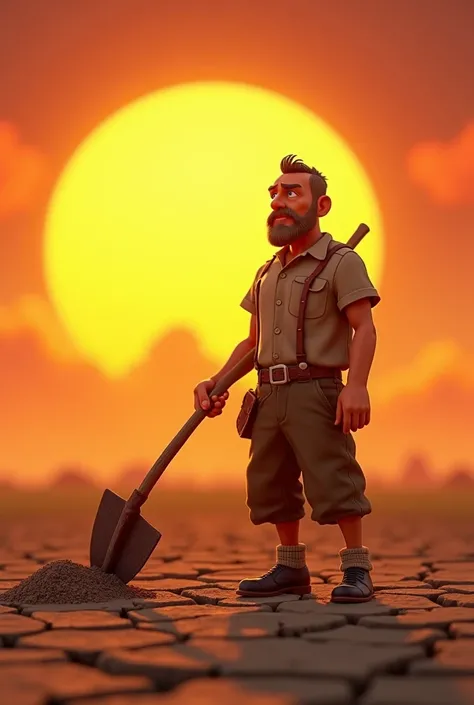 In cinematic 3d cartoon style "A farmer in a barren, cracked field under a blazing sun, wearing worn-out clothes, holding a hoe, and gazing into the distance with a worried expression, symbolizing drought and debt"