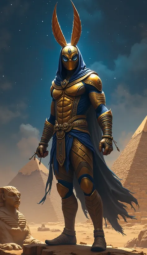 A superhero inspired by Spiderman with an ancient Egyptian theme. His costume features mummy-like wrappings in gold and blue, accented with details resembling Anubis, including a sharp-eared helmet. Surrounding him are pyramids, a sphinx statue, and a star...