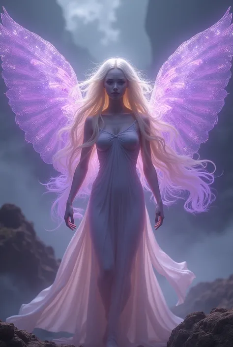 Create a alien that is biblically accurate,have translucent purple wings and have no face but have blonde hair