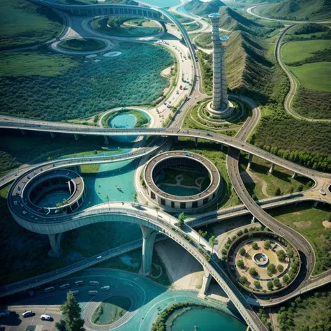 realistic road design, overpass,  aerial view, city park, architecture, flawless, fountains, cars, trucks 