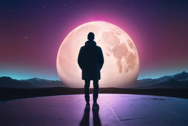 a person is standing near a large full moon on a starr filled sky, space art, colorful night sky, night sky background