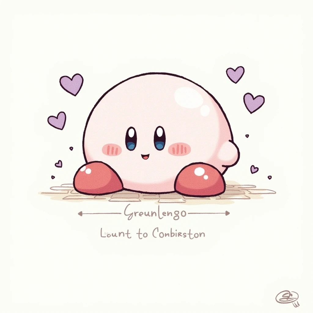 A cartoonish, stylized illustration of Kirby, a round, light pink character. Kirby is seated in the center of the image, with a gentle, happy expression.  His eyes are closed, and his cheeks are flushed with pink blush, giving him a sweet, affectionate loo...