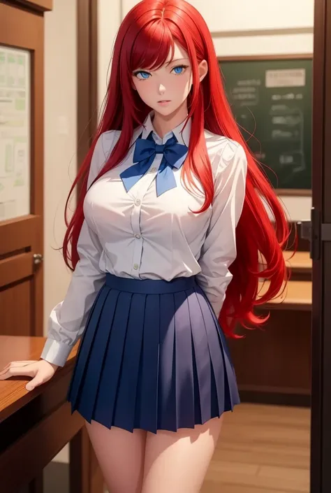    a beautiful girl,   red hair ,   Blue eyes  ,     bright eyes  , camisa blanca, pleated skirt, blue bowtie , school uniform, sexy legs , closed lips    ,    long hair,    High resolution, breasts ,   wavy hair ,  Looking at the camera  