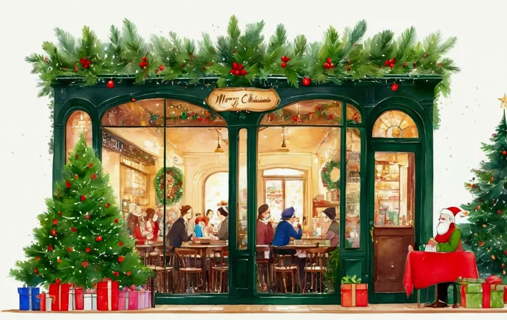  Minimalist Art Style Watercolor rendering ，Glimming and baroque style ， Background White Handwritten Art Font  " Merry Christmas "character。 of the picture A cafe depicting a vintage building.Cafe Christmas Beautiful Scenery , Beautiful light 。 The right ...