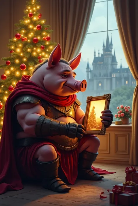  Here is a description of the scene you described :
An anthropomorphic pig warrior with a muscular build, wearing a red gladiator-style outfit, sits sadly in front of a beautifully decorated Christmas tree. He holds a picture frame, gazing at it with a mel...