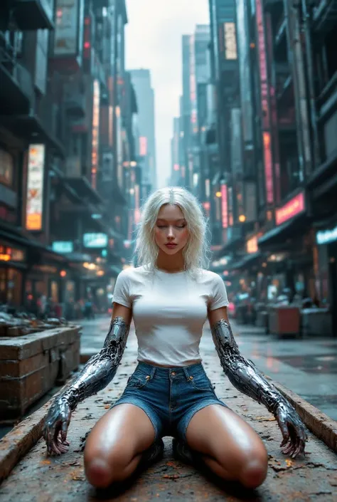 A futuristic cyberpunk urban landscape with densely packed skyscrapers and intricate architectural designs. In the foreground, viewed from above, a beautiful woman wearing a white t-shirt and short blue jeans with sleek mechanical arms is depicted sleeping...