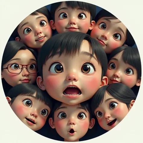 
The faces of Asian people in a circle, their expressions are very wow amazing and look outside the circle as if exploring the outside world. The faces are real and include both men and women, including the elderly, ren, and young people