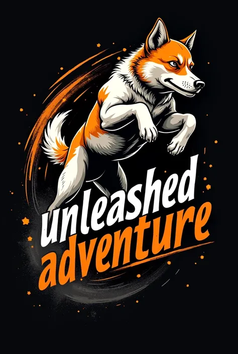 Create a high-energy design featuring a leaping dog with the text Unleashed Adventure integrated into the motion trail. Use bold colors like orange and white for the text and dynamic lines to amplify the motion. Set this against a black background for a po...