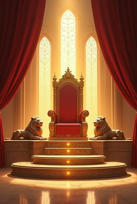 A grand throne room bathed in warm golden and amber lighting, evoking a sense of power and royalty. The centerpiece is an elegant throne with ornate carvings, red velvet upholstery, and gilded accents. Surrounding the throne are two majestic lion statues l...