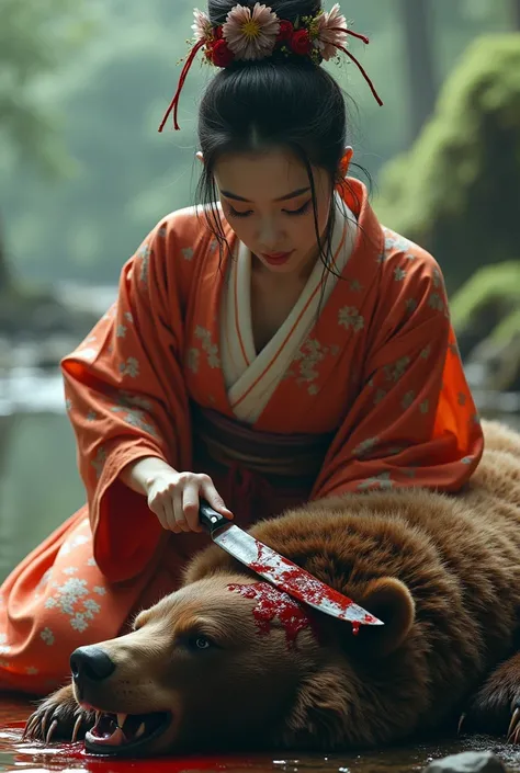 Hight quality, realistic, very beautiful woman japanese, woman kimono, woman cut throat bear by knife, bear lying down, woman slices bear neck, woman slaughters a bear, Blood was flowing profusely down the bear neck and the girl continued to cut the bear n...