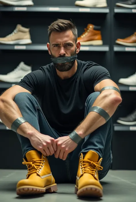 A nordic man with trimmed beard and short hair, wearing yellow Timberland boots, jeans and black t-shirt, is sitting tape on his mouth and tape around his limbs in front of sneaker shelf in a sport store. 