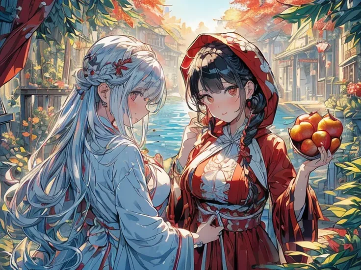 (ukiyoe painting:1.3),(3D Animation:1.3),(Fantasy style costumes),(Grimm fairy tale world),(Little Red Riding Hood,Little Red Riding Hood,red riding hood:1.3),(farmhouse entrance:1.3),(red little red riding hood:1.3),(((Red Tunic:1.3))),(((apples and bread...