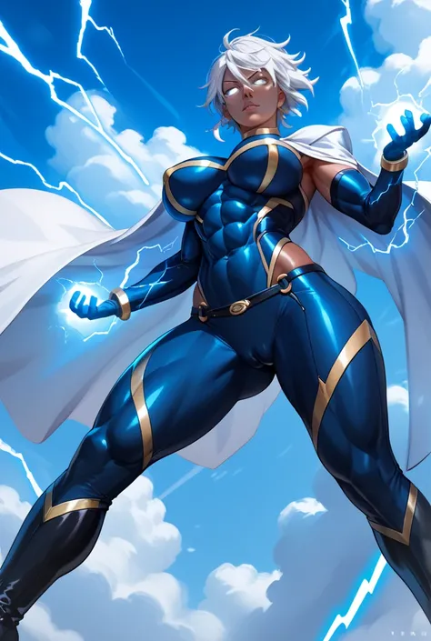 Sexy storm,flying in the clouds,thight suit,massive tits,strong abs,black skin,white hair,white eyes,electric aura,white cape,camel toe,high boots,using her electric power, lightning hands,confident pose