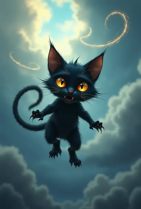 Black devilish little cat in the sky