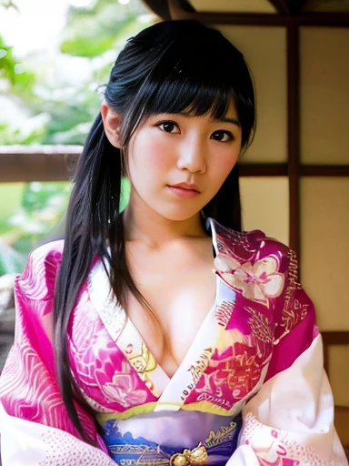 nsfw,one woman,kimono,spread legs,panty shot,cleavage between breasts,standing,boobs,tiny breasts,nipples,pussy,whole body,cute face,embarrassed,scared face,from front,looking at viewer,indoor,shinto shrine,high quality,photorealistic,masterpiece,highly de...