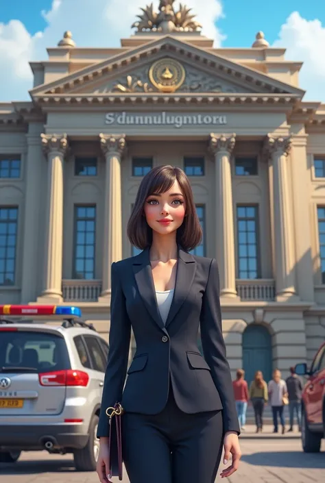 A cute woman stands in front of a police station.