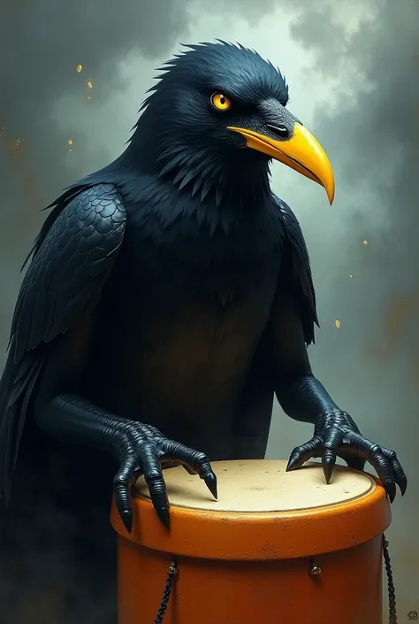 Drawing of an evil black crow with a yellow beak playing an orange drum 