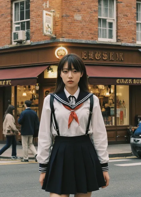 A woman in a school uniform stands in front of a coffee shop