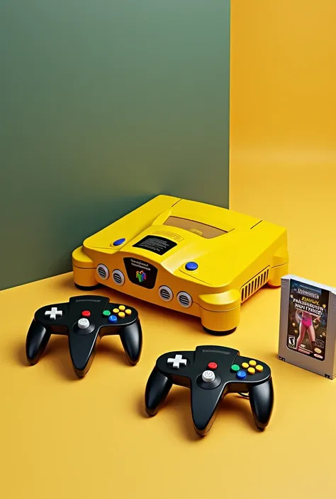 Yellow Nintendo 64 with two black Controllers with game cartridge that reads, Nerdrotics Friday Night Tights 