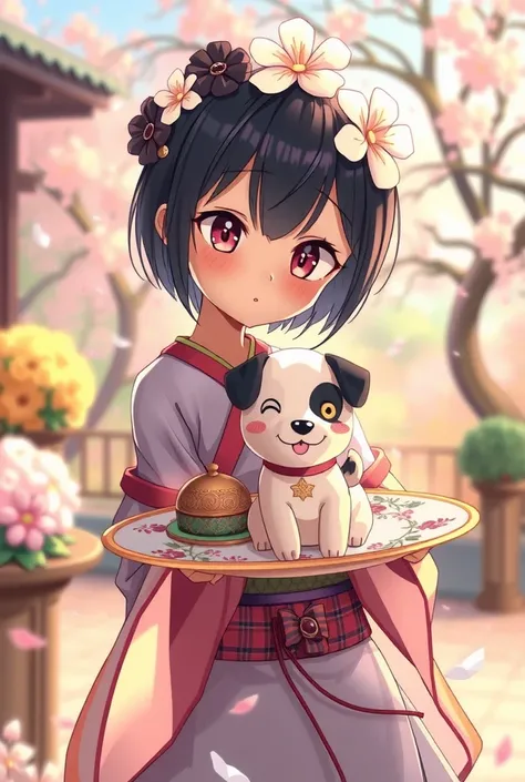 Anime girl holding a plate with a 3D dog on it