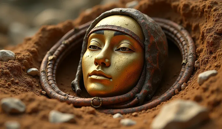 Create a detailed scene of a partially buried golden artifact resembling a human face in dry, brown soil. The artifact should have a weathered and ancient appearance, with a metallic sheen reflecting light. Surround it with a coiled, rusty, and textured me...