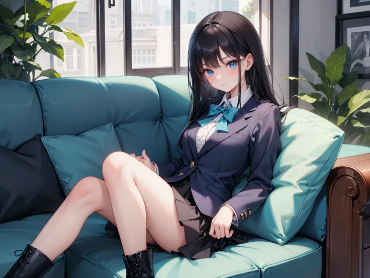  high school students  ， Has long, dark hair ， with warm blue eyes  ，  wears a fresh blue suit ，  pure white collar and bright green bow， Black Boots ， Short black skirt ， has long dark hair and warm blue eyes ， sitting on the sofa ，indoor，living room。