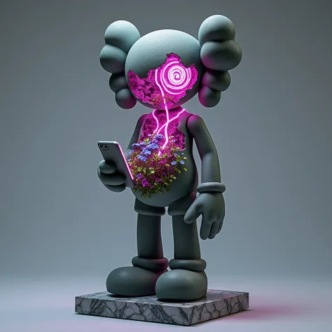 ```
[A stone-like KAWS Companion figure stands on a marble base, its head broken open revealing glowing innards and vibrant pink neon tubes intertwined with small blue flowers and green vines growing within. The figure holds a smartphone in its hands. The ...