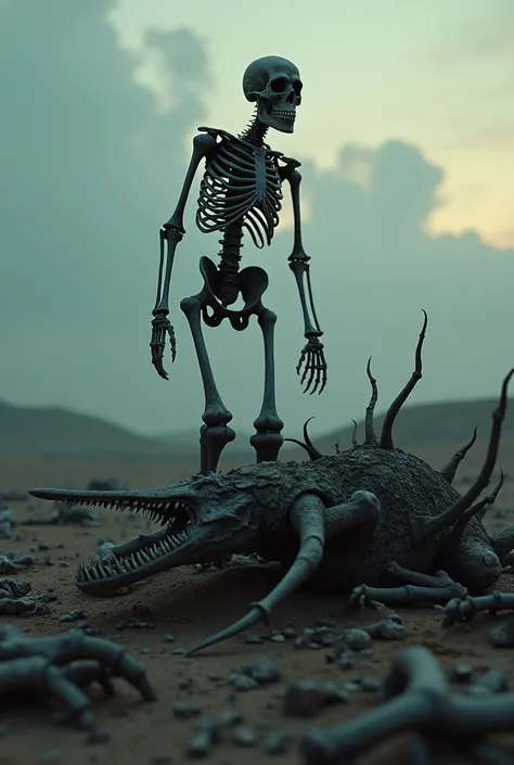 "A human skeleton standing in a desolate wasteland, surrounded by the bones of a scavenger dinosaur, like a raptor. The raptor’s sharp claws and teeth glisten in the fading light of dusk, with the skeleton quietly observing the scene."