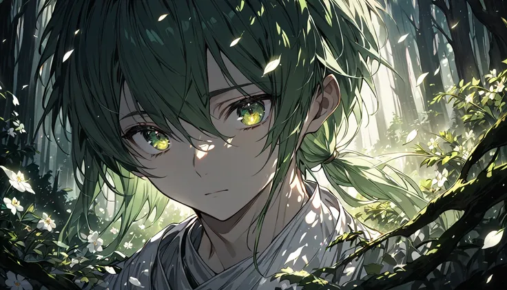 Illustration, Top Quality, Pixiv Illustration, Very Detailed Animation, (Alone) (Male), Green Hair, Long Hair, Odd Eye, Forest Background, Dramatic Lighting, Left Light Green Eyes, Right Yellow Eyes, Low Ponytail, Fantasy, White Flower Covering Left Eyes, ...