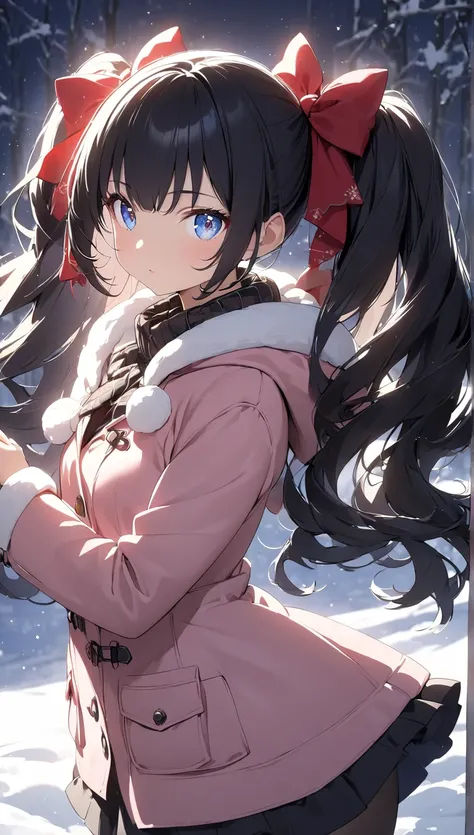  Christmas、少女は大きな Christmasツリーを見上げる、night、Pitch Darkness、 snows、 just the lights of the lights 、winter、Snow Scene、pink duffle coat 、 miniskirt、tights、( slim、1 person, cute young woman,  small breasts, black hair、 twin tail hair 、Long side bangs、Azure Eyes、...